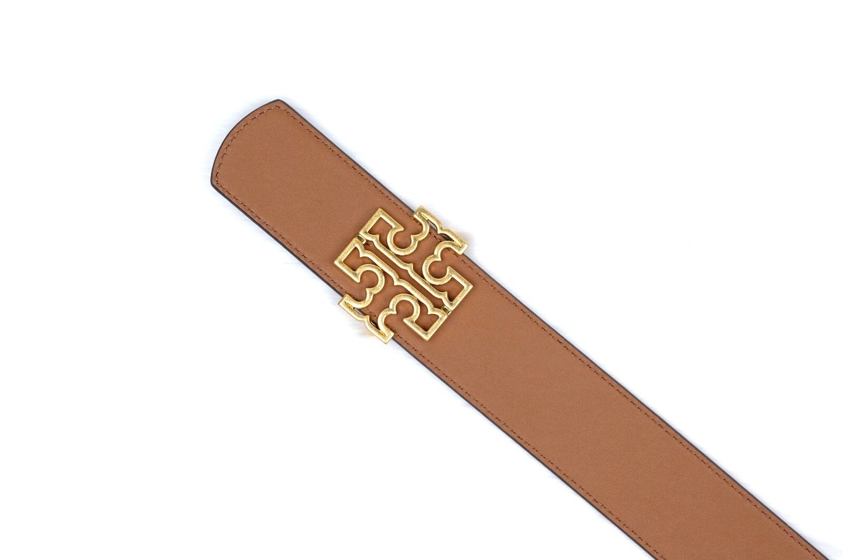 Tory Burch ロゴ入りレザーベルト Tory Burch Britten Logo Reversible Black Tan Leather 1.5