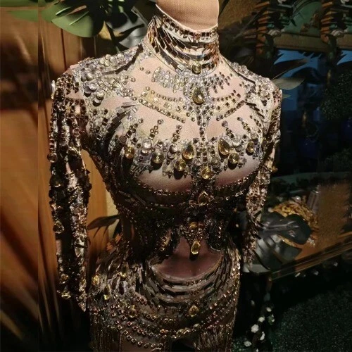 Luxury Sequin Print Fringes Crystal Rhinestones Gold Jumpsuit Women Dancer Stage - Imagem 4 de 4