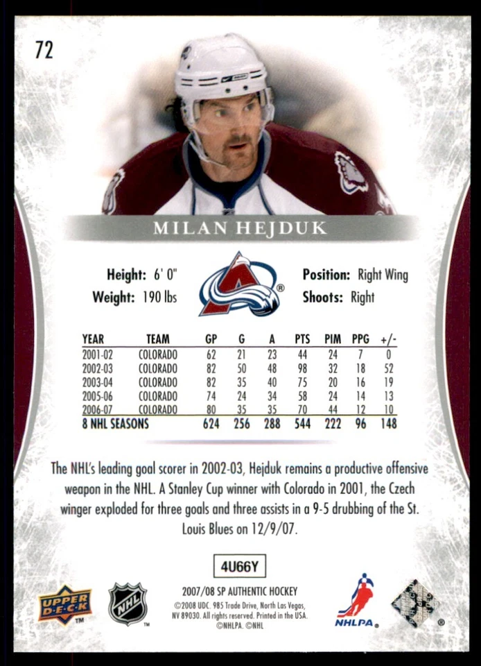 2007-08 SP Authentic Milan Hejduk #72 - Image 2 of 2
