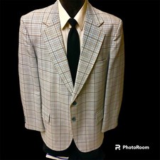 Vtg 70's Cameron Hills Sport Coat Blue PLAID Jacket DISCO OVERCHECK Blazer 44 L