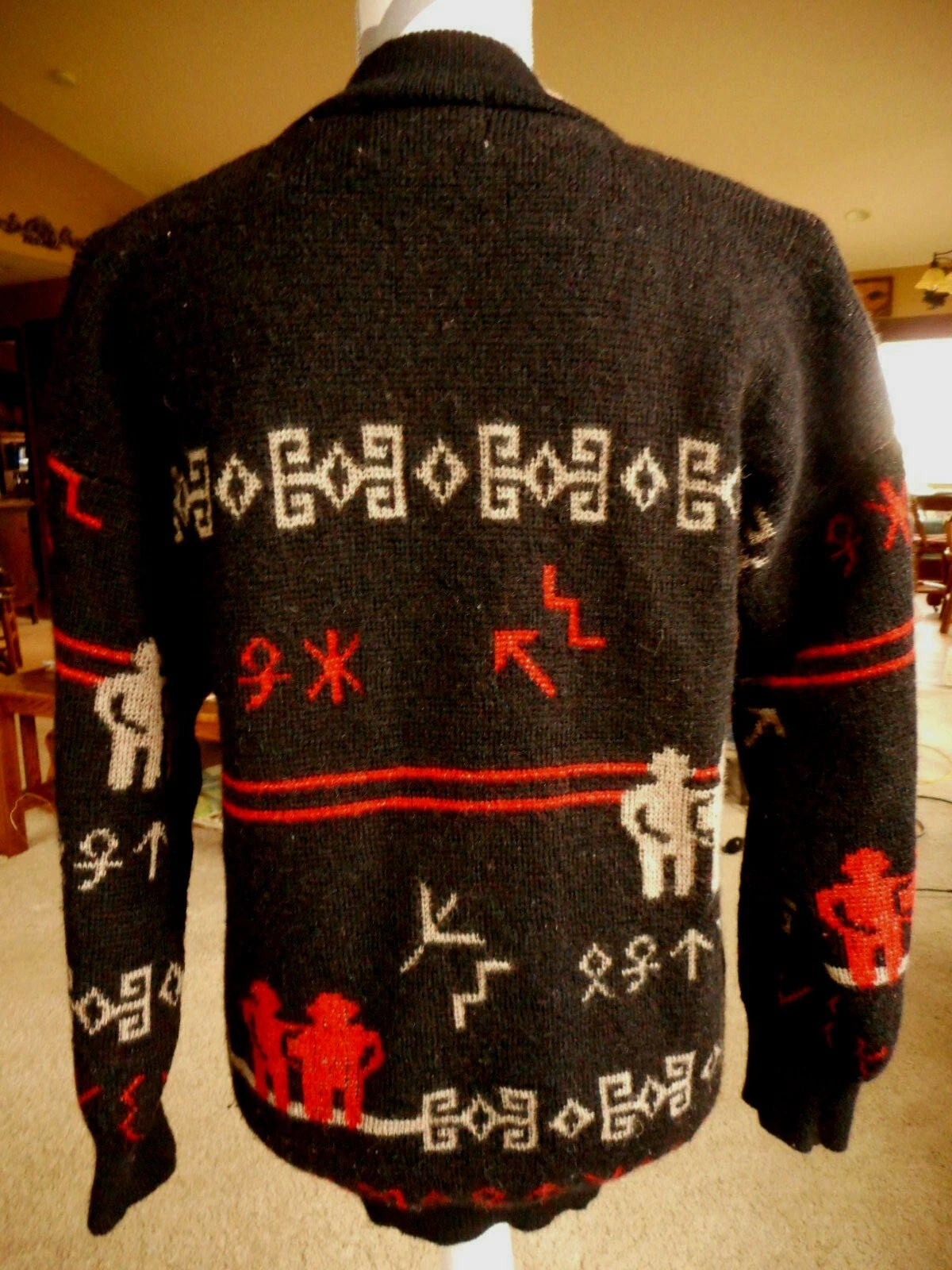 Vtg Mens Rare Wool Sweater Bib Small Vintage Style Mark Henri Print Aztec Black