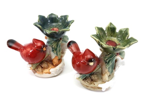 Red Cardinal CANDLE HOLDERS Ceramic Set of 2 will Hold Ball Candle - Picture 2 of 11