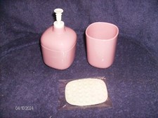 3 PC PINK SOAP PUMP DISPENSER 5-1/2" H  TUMBLER 4" H  SUCTION SOAP HOLDER NEW