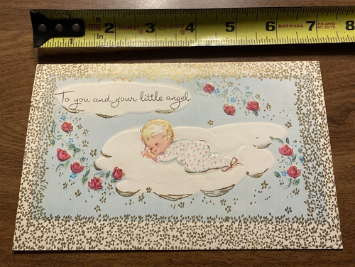 Vintage 60er Jahre Neu Baby Neugeborenes Glückwunschkarte Schlafen Baby Rosen Gold P8a - Bild 18 von 19