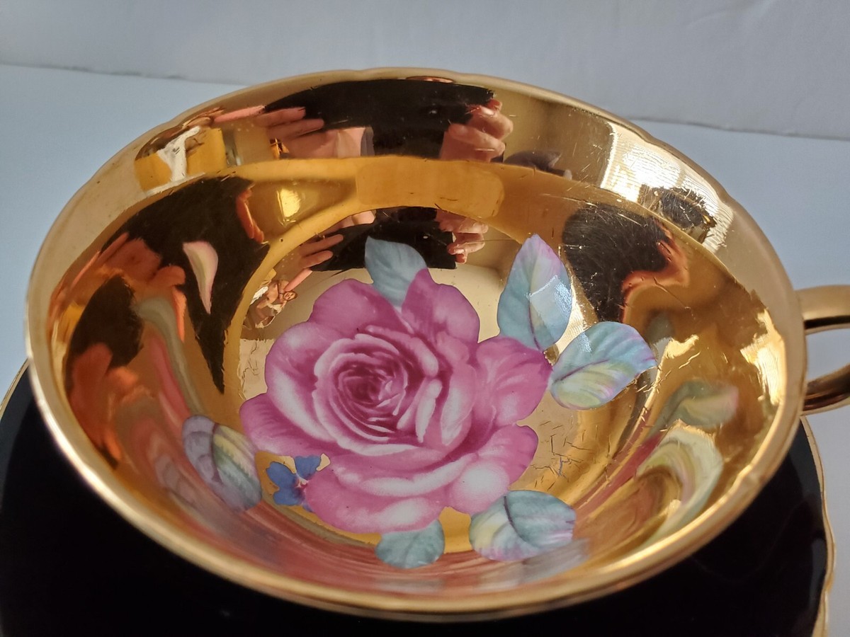 Rare PARAGON Cup & Saucer A3921 HP Cabbage Rose, Gold
