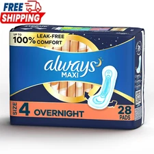 Always Maxi Pads without Wings, Size 4, Overnight Absorbency, 28 CT