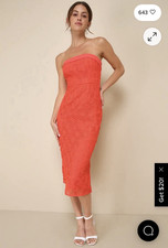 Lulu’s Chic Intent Bright Red Crochet boho Textured Strapless guest Midi Dress