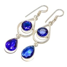 Natural Sapphire Gemstone 925 Sterling Silver Drop/Dangle Earrings For Women