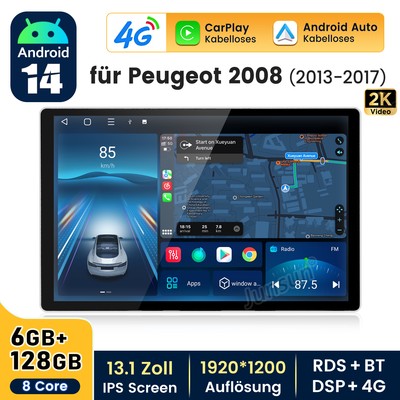 128GB Carplay Android 14 Autoradio GPS Nav DAB FM Für Peugeot 2008/208 2012-2018