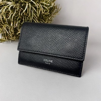 Celine Folded Tri-fold Leather Compact Wallet Black Used
