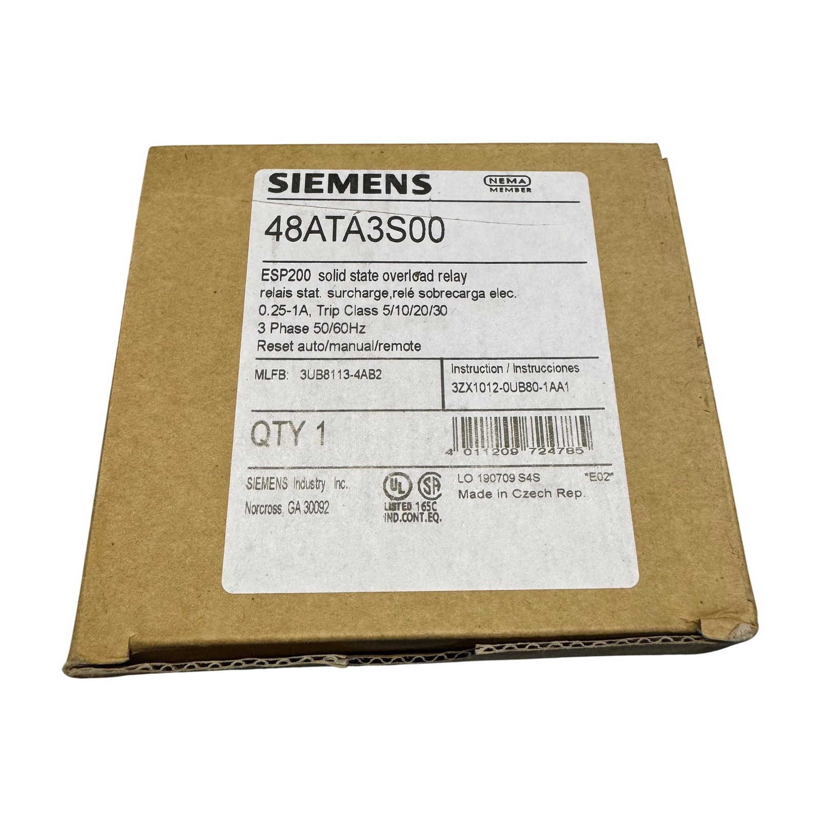Siemens 48ATA3S00 ESP200 Solid State Overload Relay 0.25-1A 3-Phase Trip Class 5