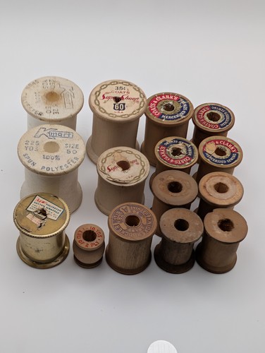 Vintage 1940's-1970's Sewing Thread Spool Lot Of 15 Wood Plastic & Foam Spools