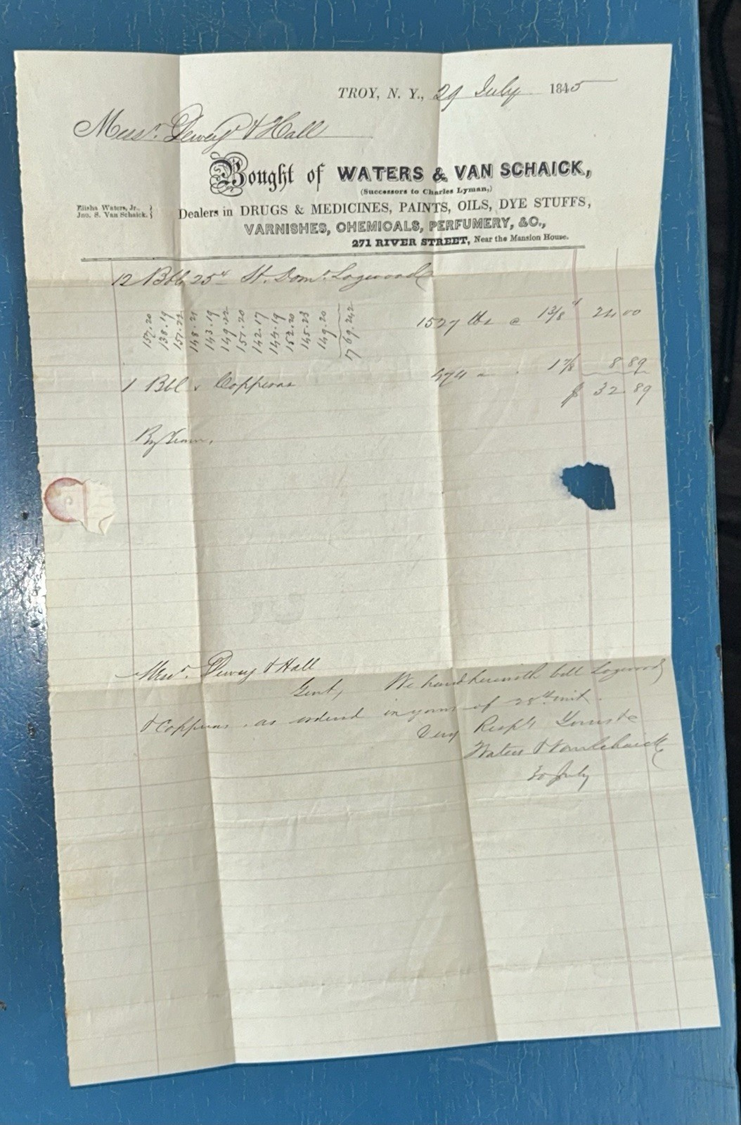 Pontil Ink Bottle Related Invoice E WATERS TROY NY 1840s Stampless Folded Letter