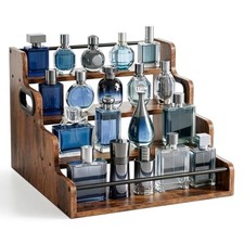 4 Tier Cologne Stand for Men, Rustic Wooden Perfume Organizer with Handle