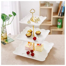 3-Tier Porcelain Cup Cake Stand, Square White Embossed Dessert Tiered Serving Tr