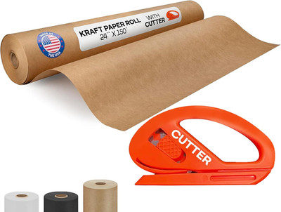 Brown Kraft Paper Roll 24'' X 1800'' (150 Feet) with Cutter - Usa-Made Quality Pap