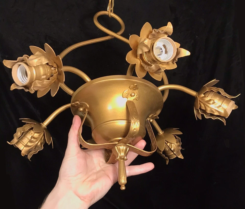 Antique Vtg 6 Light Flower Basket Fixture Tole Hollywood Regency French Italian - Image 3 of 4
