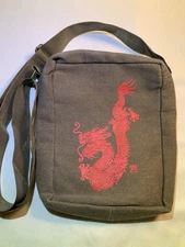 Small Canvas Crossbody Bag Olive with Red Dragon Adjustable Shoulder Strap