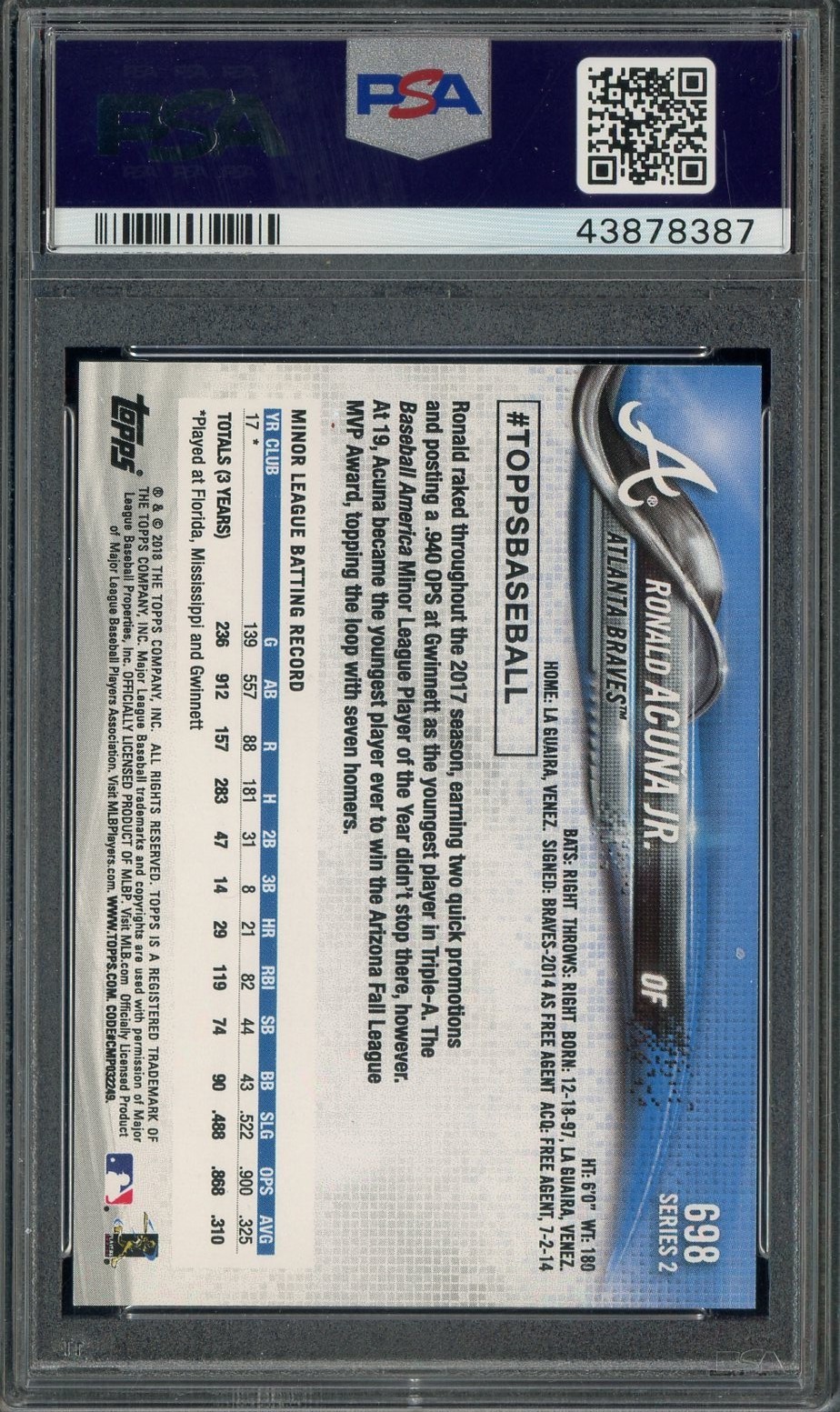 2018 Topps #698 Ronald Acuna Jr Bat Down Braves RC Rookie PSA 10 GEM MINT view 2