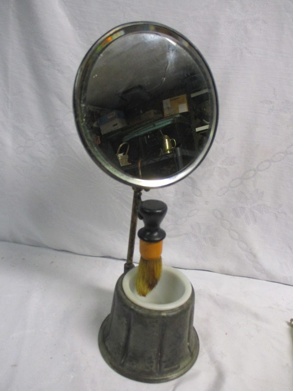 Antique Homan Mfg. Silver Plate Shaving Stand, Milk Glass Cup, Brush