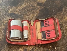 Vintage Travel Razor Set Made In Germany Red Leather Zippered Case Incomplete