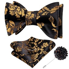 Self Tie Bow Ties for Men Silk Paisley Bowtie Lapel Pin Set Black and Golds