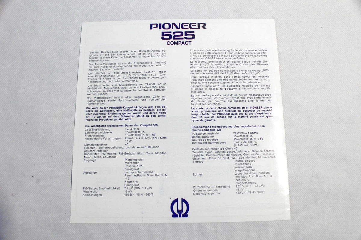 Originale Werbung / Datenblatt: Receiver PIONEER 525 COMPACT von 1972