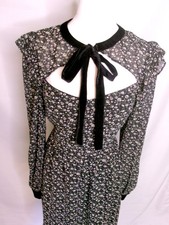 Lulus Floral Mini Dress Bow Neck Cutout Long Sleeve Black Green Size S