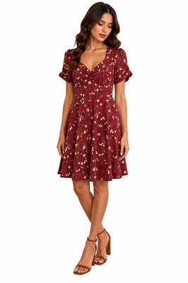 New Look Blumen Skater Kleid UK 10 Rostrot Puffärmel Tee Mini Fit Flare Neu
