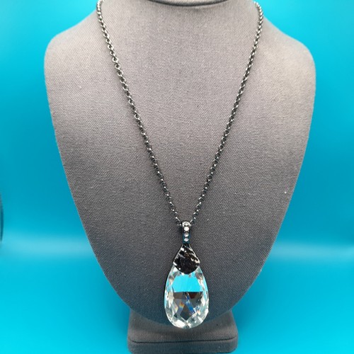 Large Crystal Teardrop Necklace, Long Gunmetal Gray Chain, 42"