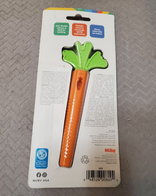 Nuby Carrot Tube Teether Orange/Green Silicone 3+ Months w/ Cleaning Brush