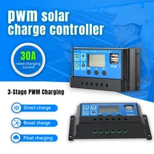 30A Solar Panel Battery Charge Controller 12V/24V LCD Regulator Auto Dual USB US