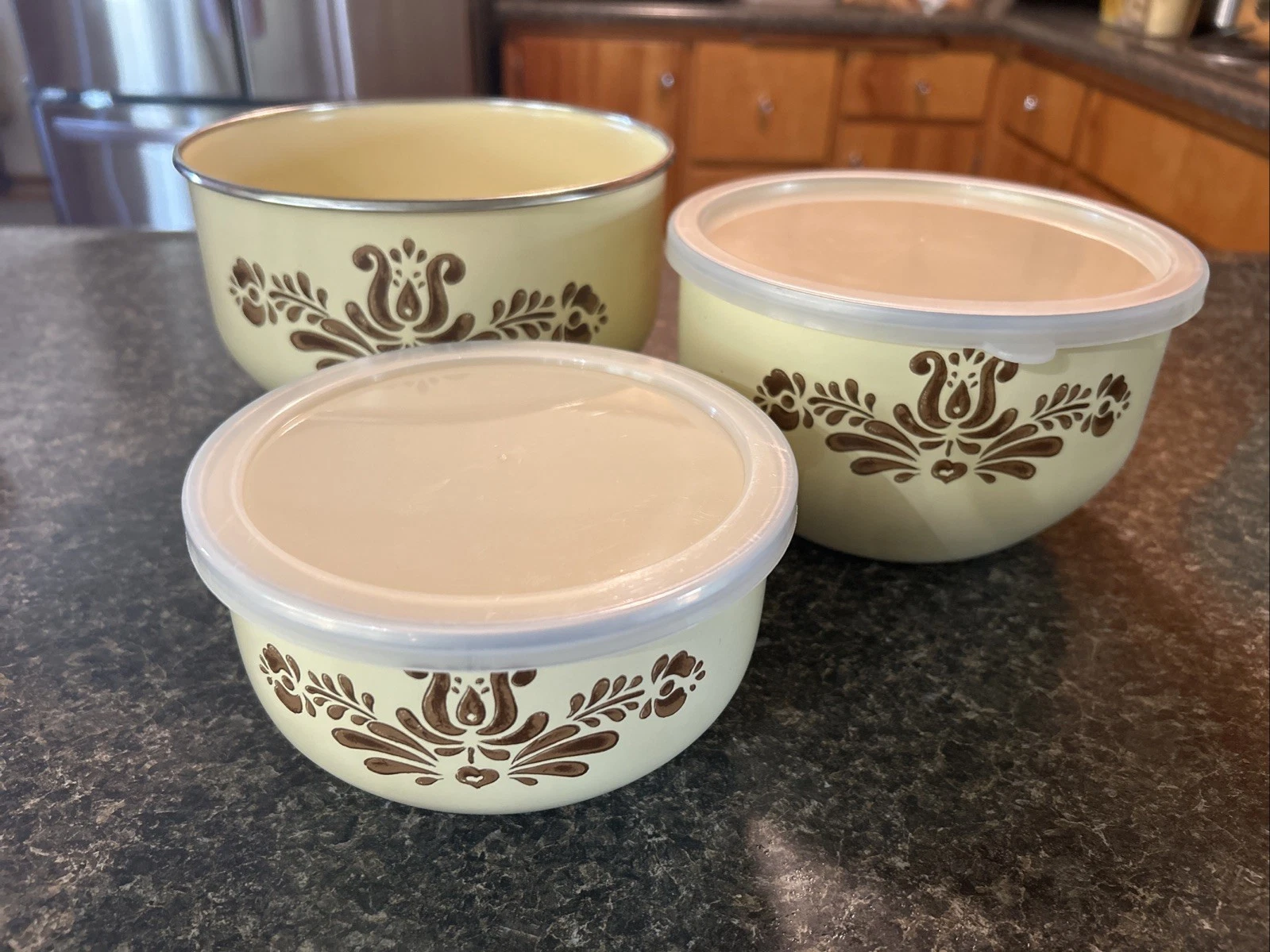 Set of 3 Vintage Pfaltzgraff Village Enameled Metal Nesting Mixing Bowls & Lids
Opens in a new windo