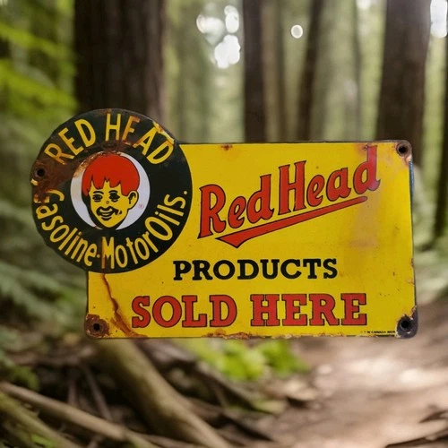 Vintage Red Head Gasoline Porcelain Sign Motor Oil Esso Mobil Sold Here Gas Oil