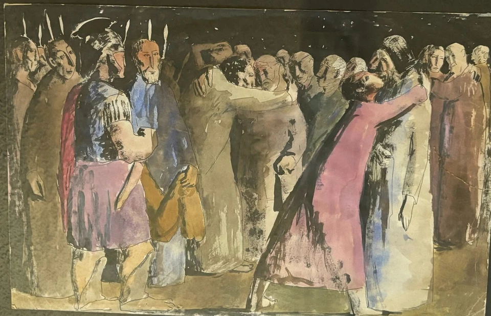 Ancient Roman Scene Watercolor Painting with Figures, Signed Illegibly - Image 4 of 4