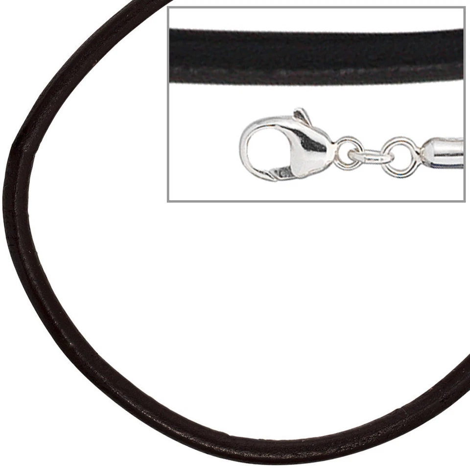 Collana In Pelle Di 2Mm, Nera, Con Moschettone In Argento 925, Unisex, 45Cm - Immagine 4 di 4