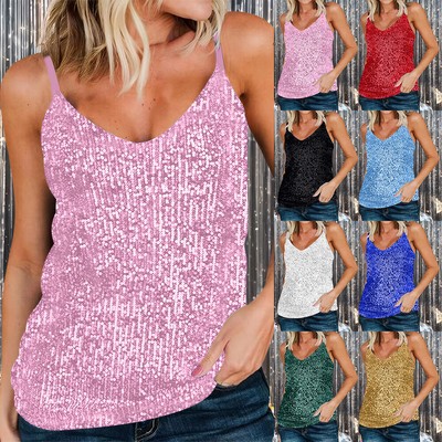 Damen Top Tank Glitzer Träger Shirt Pailletten verziert Ärmellos Weste Tank Tops