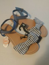 Wonder Nation Girls Denim Blue Stripe Sandals With Ankle Strap Size 4 Bow Tie