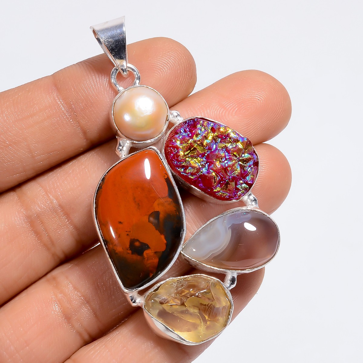 Rainbow Jasper Titanium Druzy Gemstone Fashion 925 Silver Pendant