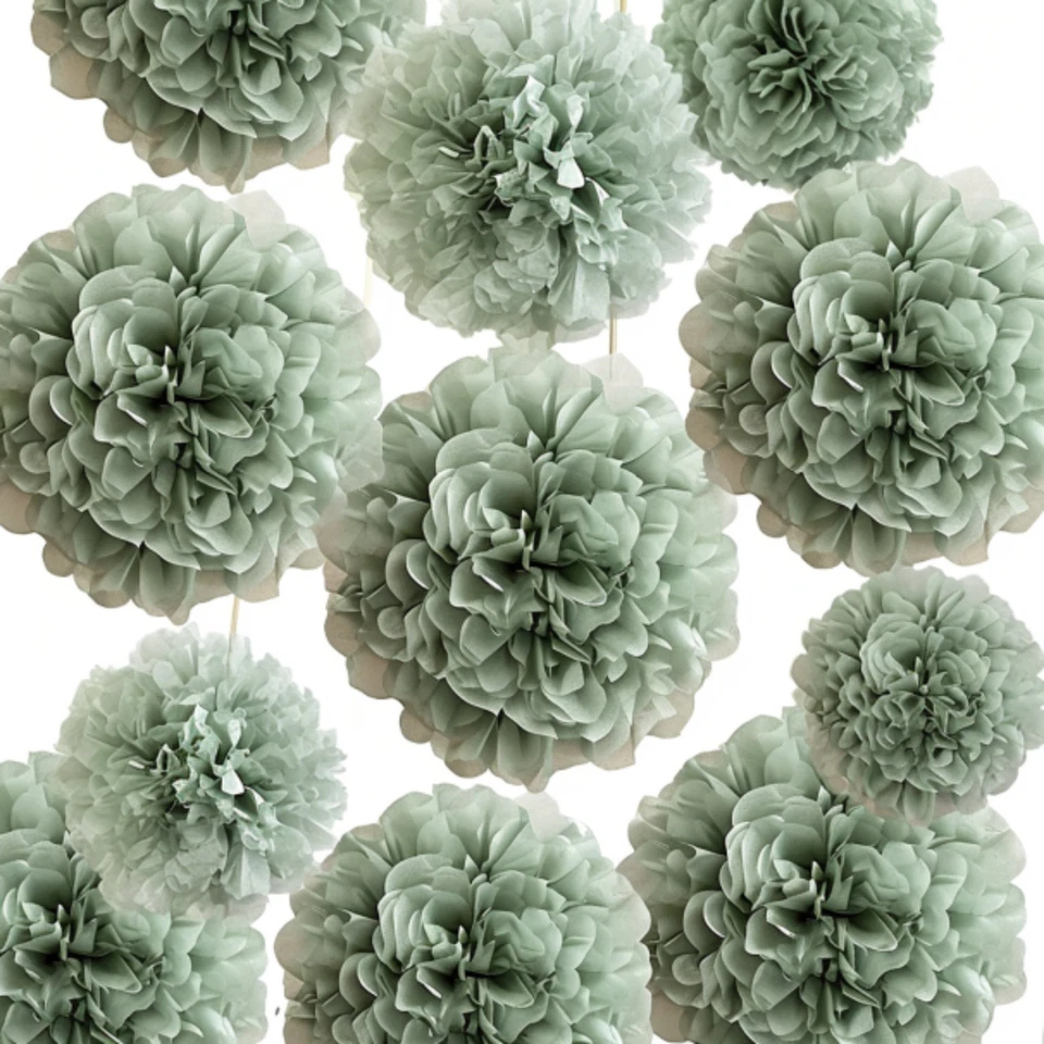 12 PIEZAS Pompones de papel de seda verde salvia - Baby Shower, decoración de bodas y fiestas Foto 4 de 4