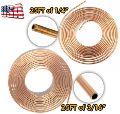 2 PCS 25FT 3/16'' OD & 1/4'' OD Coil Rolls Copper Nickel Brake Line Tubing Kit