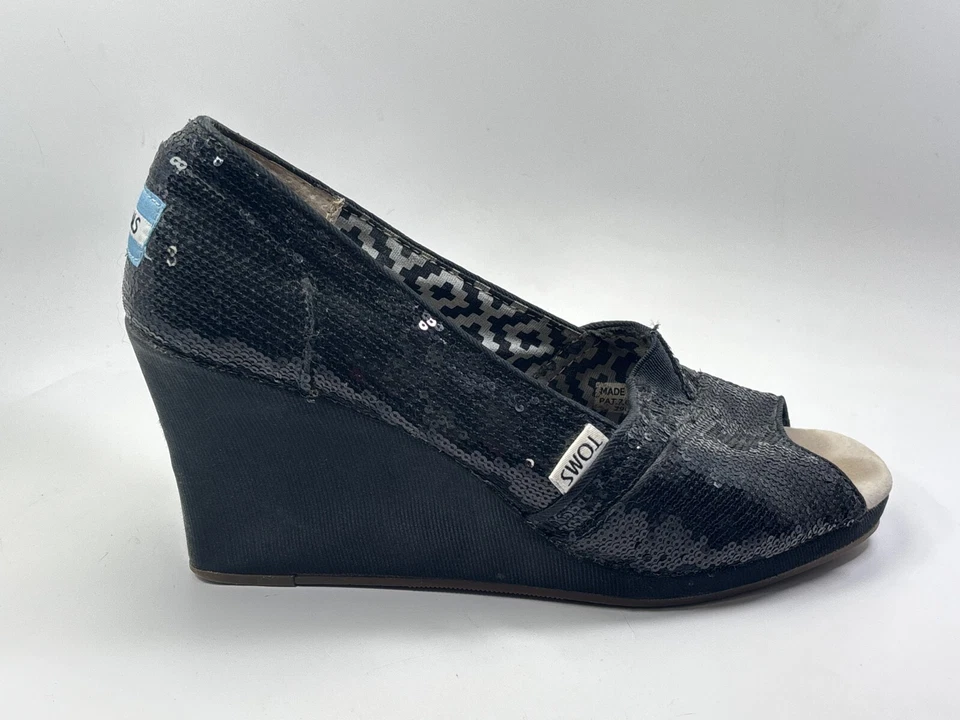 Zapatos Toms Mujer Talla 9 Negro Lentejuelas Punta Abierta Brillante Cuña Lona Tacones Verano Foto 3 de 4