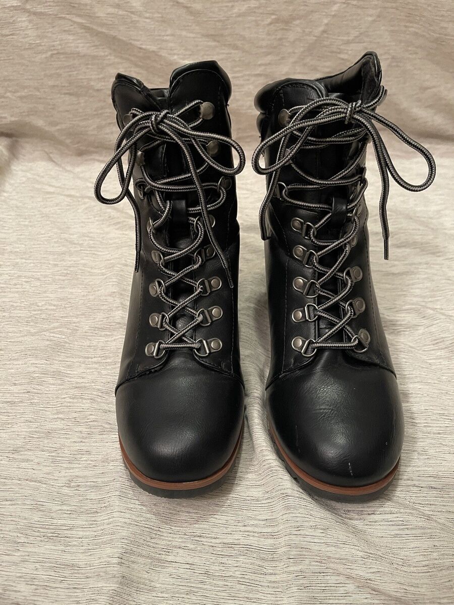 Esprit Black Faux Leather Lace Up Wedge Booties Ankle Boots Womens