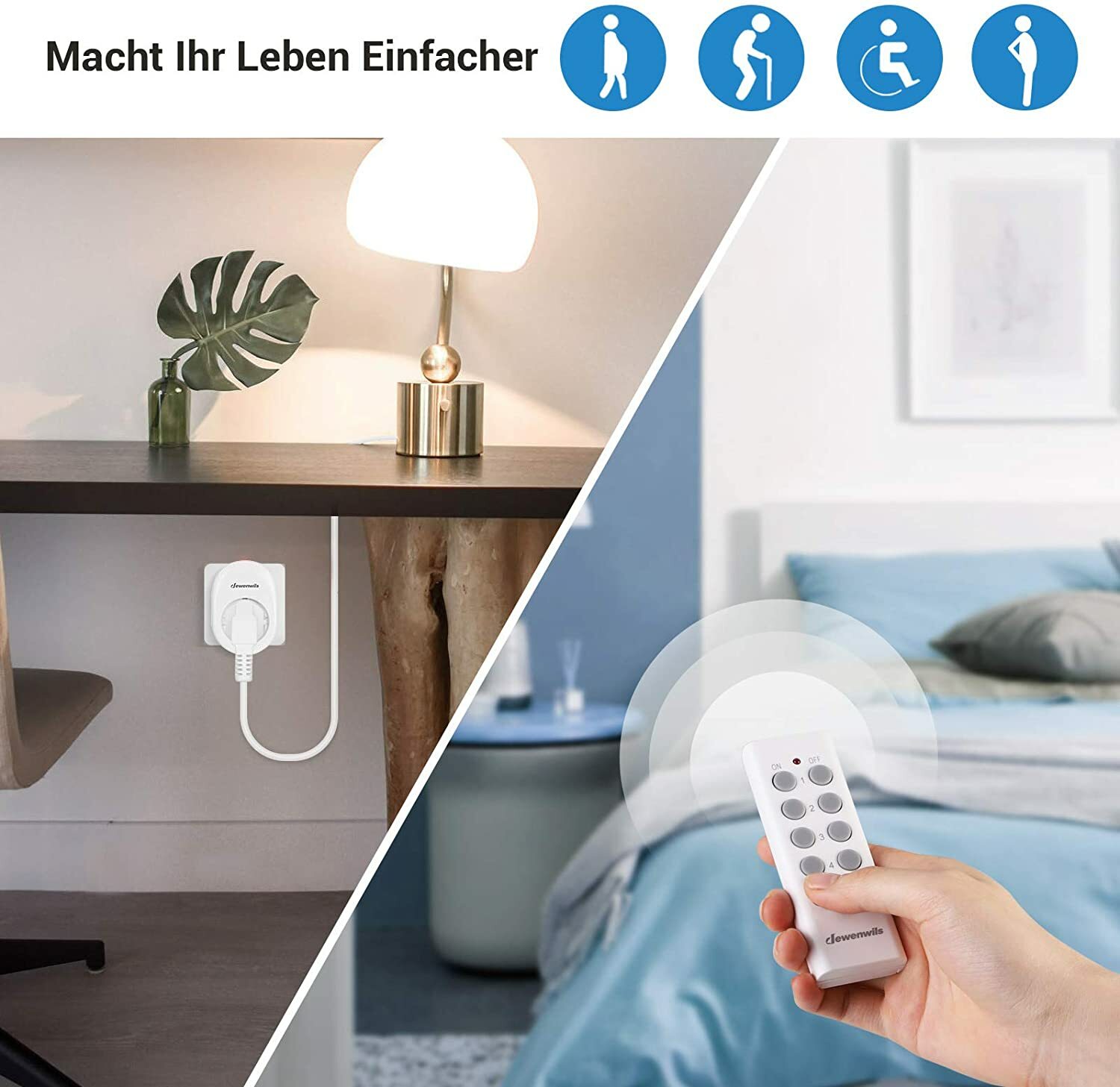 DEWENWILS Funksteckdosen Set – 1 Fernbedienung, 30 M Reichweite, 16 A / 3680 W, Weiß
