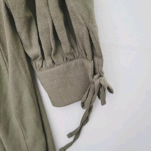 ASOS Linen Peasant Dress Plus Sz 24 Vacation Prairie Olive Tie Cuffs Lagenlook - Picture 6 of 8
