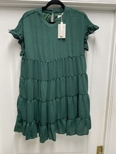 Tiered Shirt Dress Women's Pin Green Scoop Neck Large Lined
