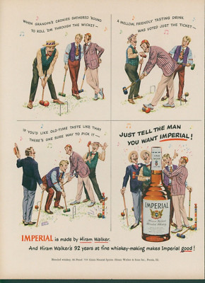 1953 Imperial Hiram Walker Whiskey Croquet Game Wicket Mallet Men Singing Ad L40