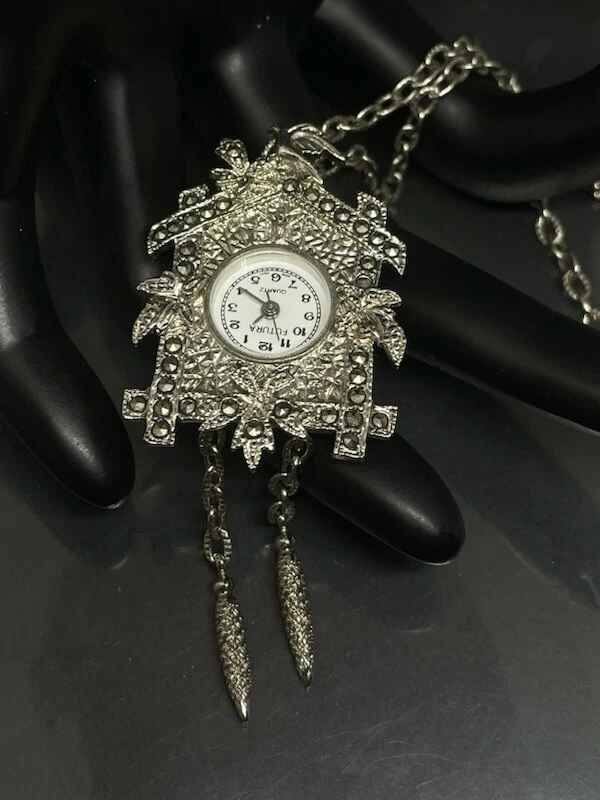 Vintage Futura Silver Tone Marcasite Cuckoo Clock Watch Pendant pin 27 Necklace