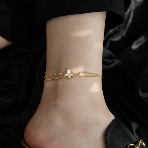 Woman 18K Gold Plated Mother of Pearl Butterfly Bead Chain Bracelet Bangle - Picture 3 of 5