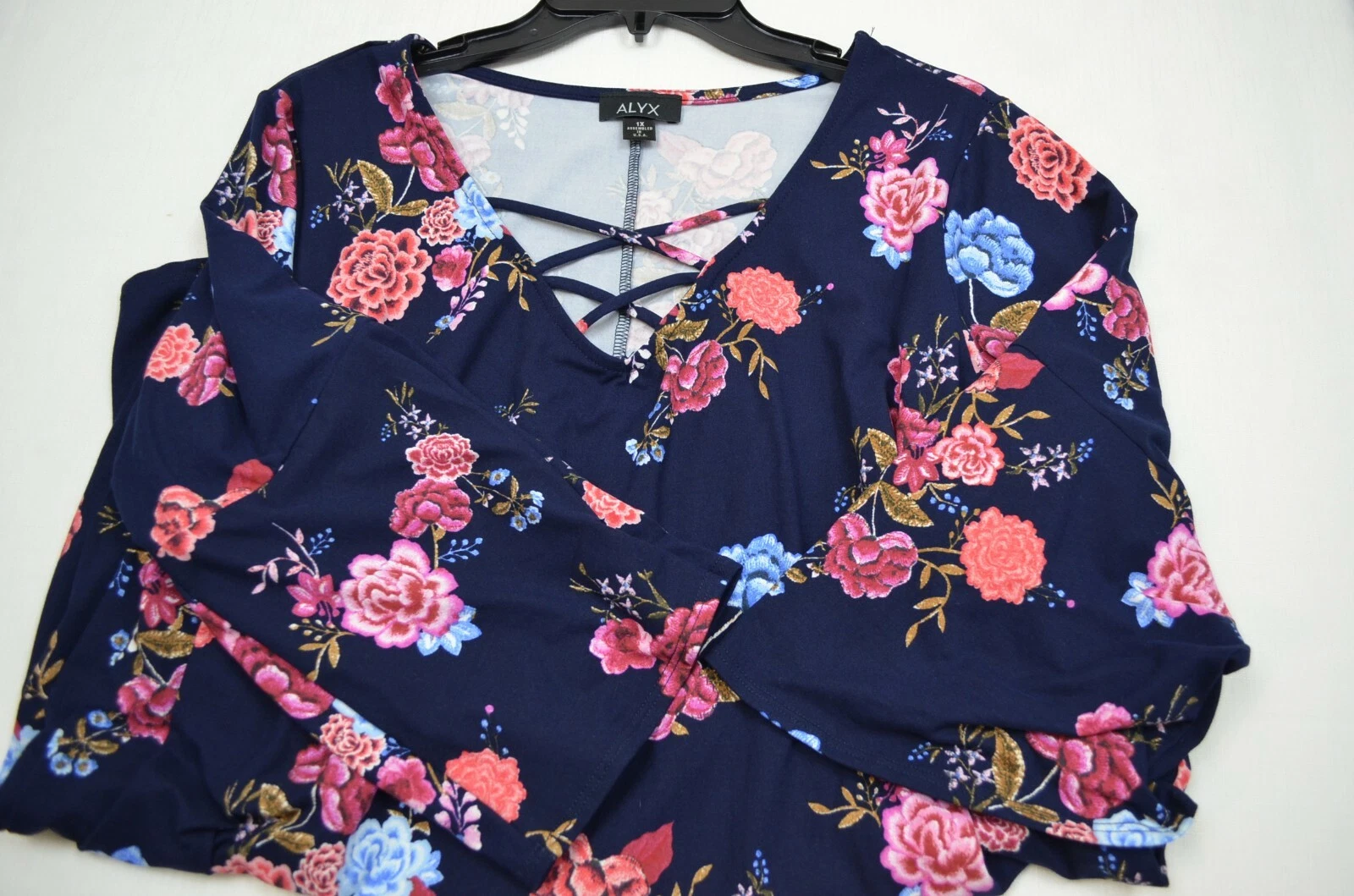 Top blusa donna ALYX blu navy morso di squalo floreale manica 3 4 taglie forti 1X